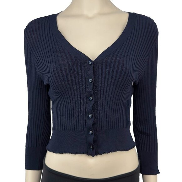 IRIS SETLAKWE Cropped Ribbed & Textured 3/4 Sleeves Designer Navy Blue Sweater S - Picture 1 of 9